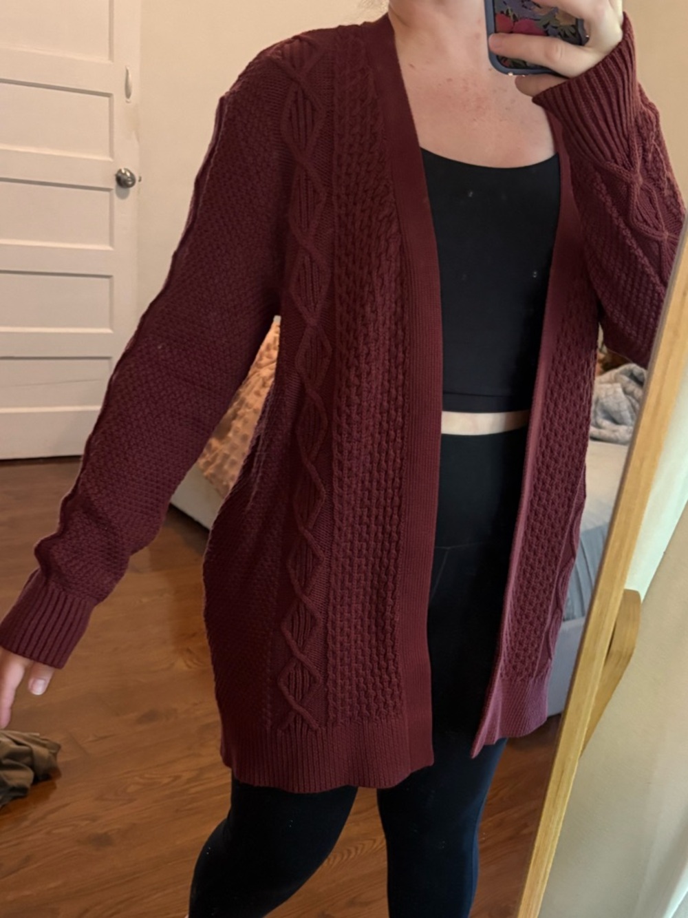 LL Bean Signature Cable-Knit Open-Front Cardigan - Burgundy 100% Cotton